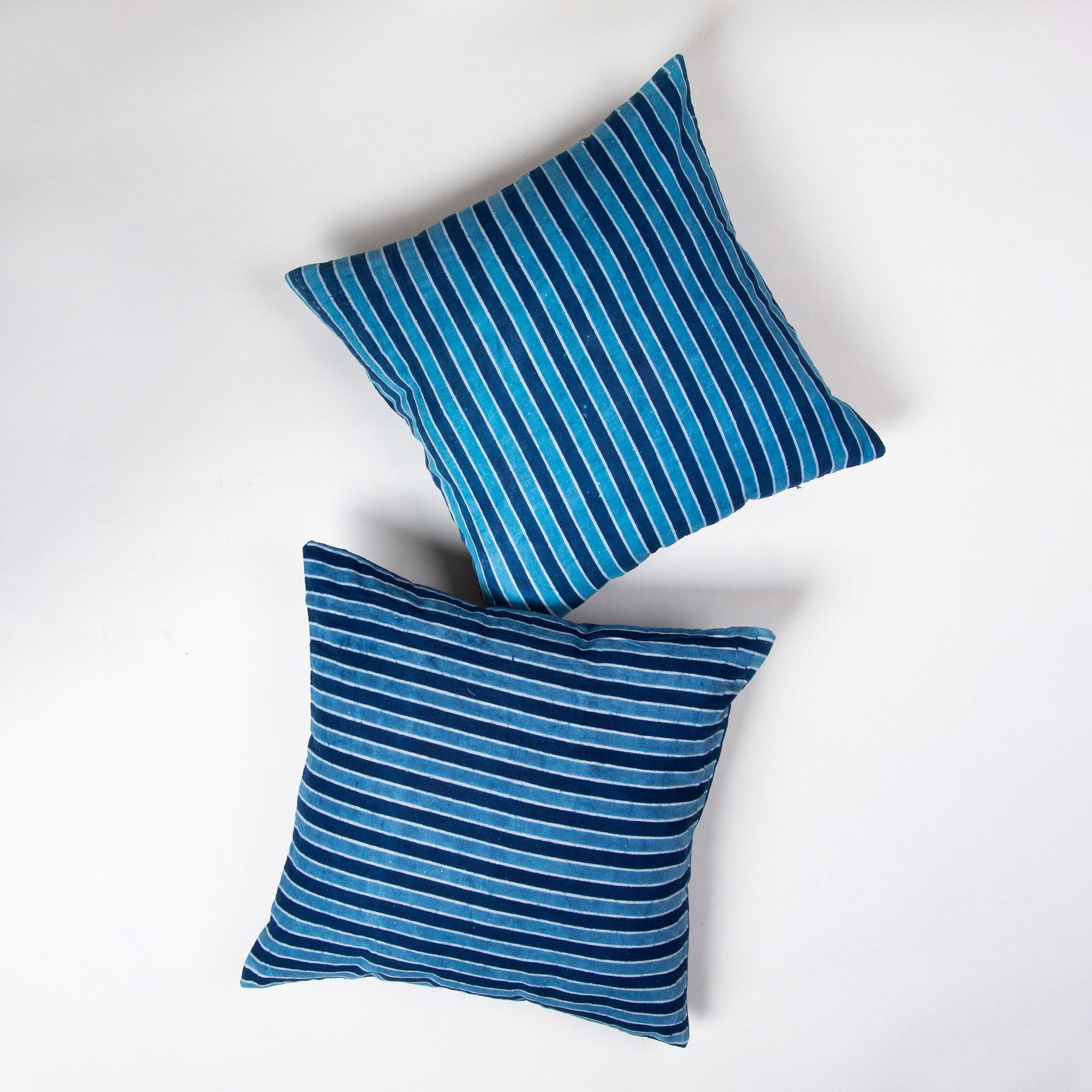 Stripes Hand Block Blue Printed Cotton Cushion Cover 16x16